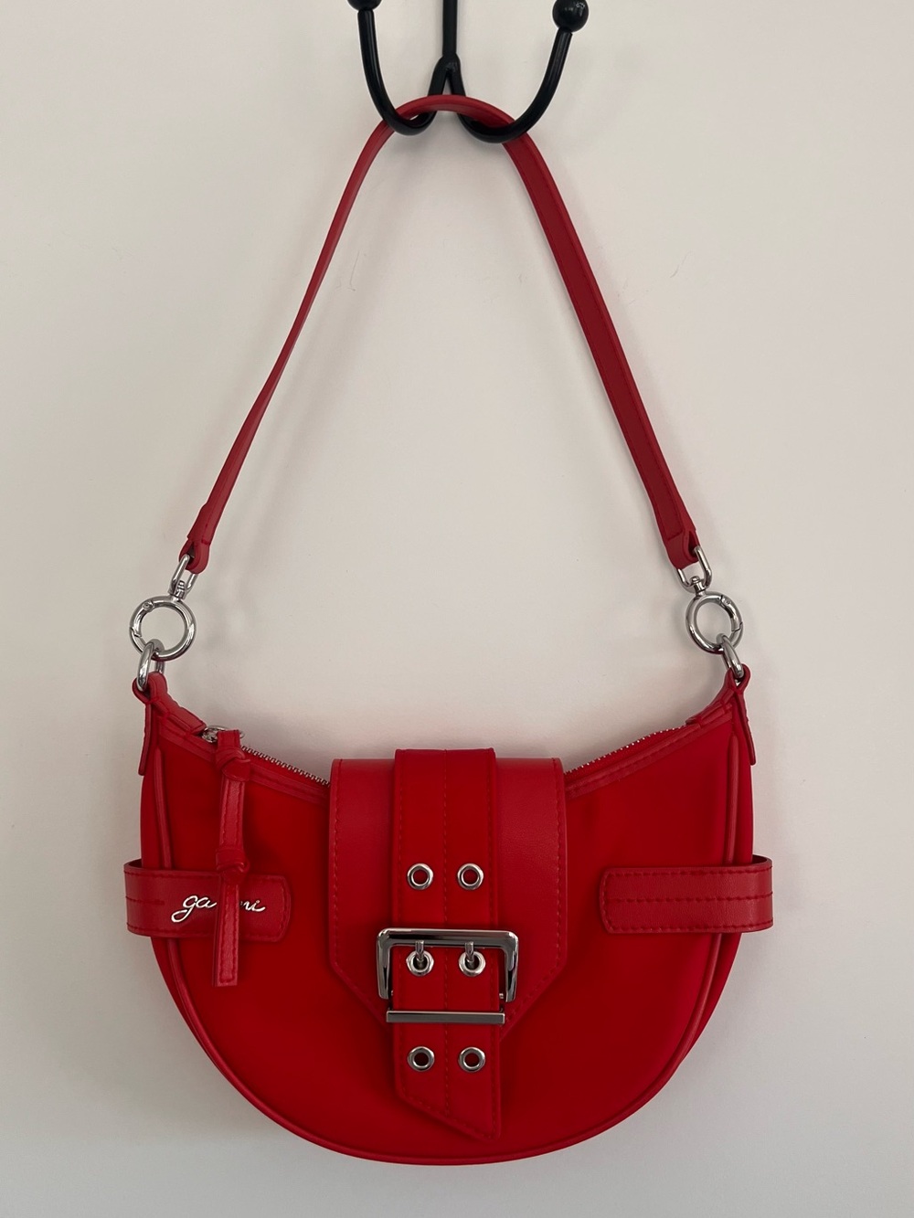 GANNI Red Buckle Half Moon Shoulder Bag w/ Crossbody Strap – Like New